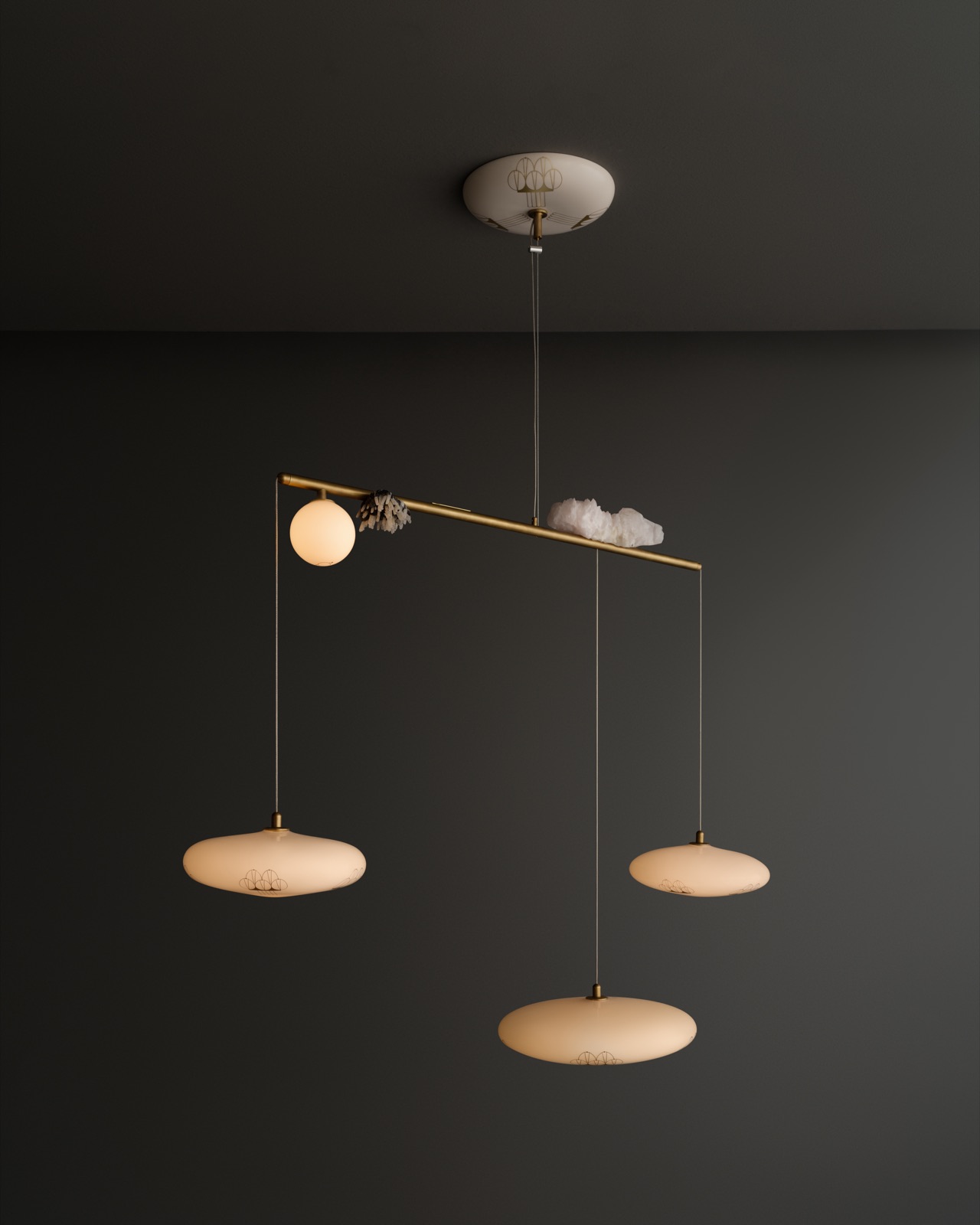 Pendelleuchte von Lindsey Adelman mit Messingbalken und Opalglas-Diffusoren