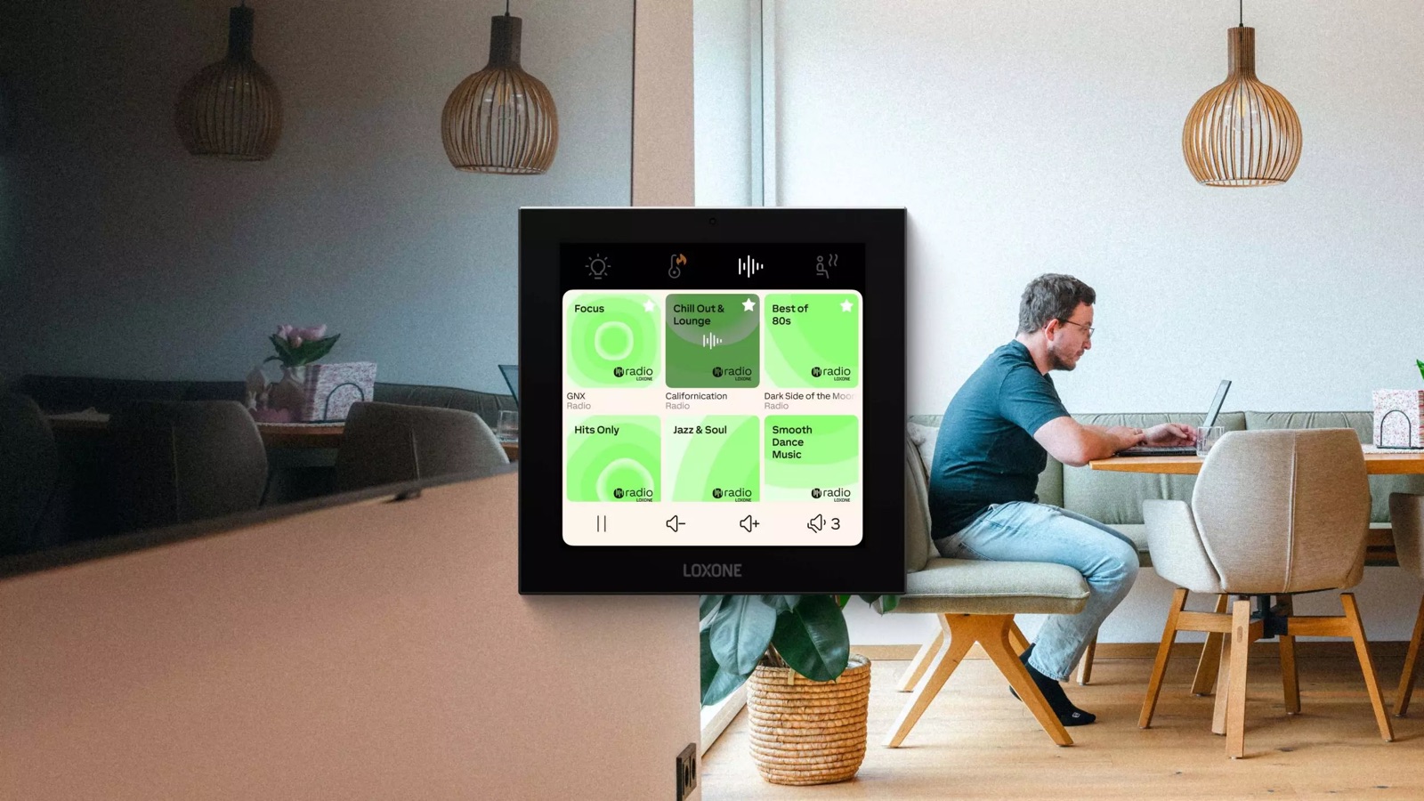 Living room with Loxone Touch Pure Display and audio